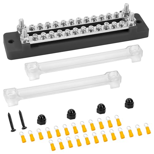 QIMEI-SHOP Sammelschiene 12V-48V DC Sammelschienen Verteilerblock Busbar 150A Stromverteilungsblock 2-Wege mit 24 x M4 Klemmenbolzen für Auto LKW Boot Schwarz von QIMEI-SHOP