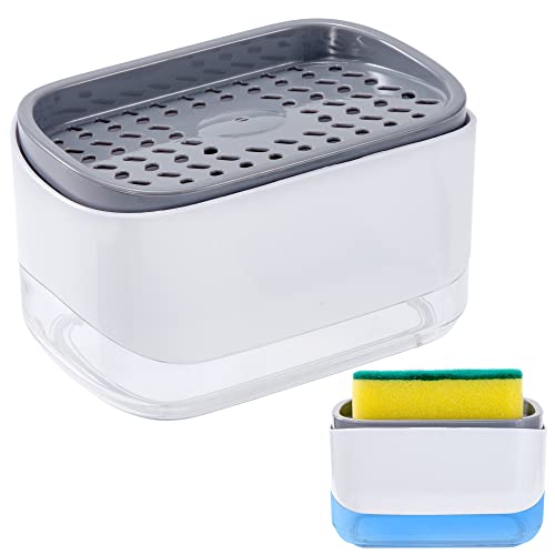 Seifenspender Küche Spülmittelspender mit Schwammhalter Wiederbefüllbar Dish Pumpseifenspender 2 In 1 für Bad Waschraum 350ml von QIMEI-SHOP