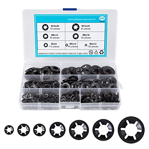 500 Stück Sicherungsscheiben Starlock Unterlegscheiben Innenzahn Sicherungsscheibe M3 M4 M5 M6 M8 M10 M12 Unterlegscheibe Sortiment Kit Schwarz von QIMEI-SHOP