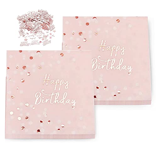 32 Stück Happy Birthday Servietten,Geburtstags Servietten, Servietten Rosegold Geburtstag mit 1 Packungen Geburtstag Konfetti Tisch,für Geburtstag Party Deko von QIMMU