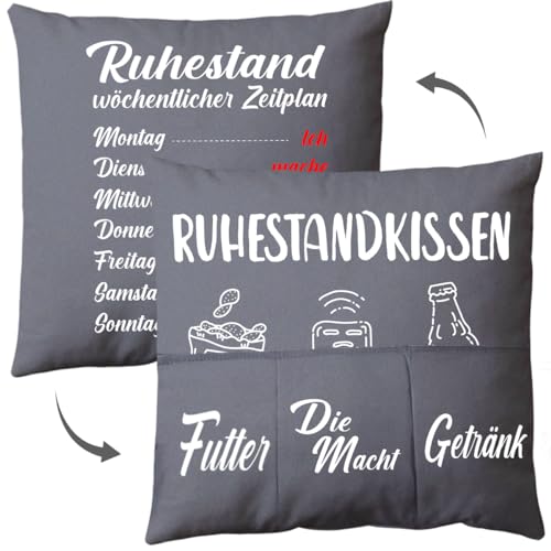 QIMMU Ruhestandskissen Kopfkissenbezug,45×45cm Ruhestandskissen mit 3 Taschen,Ruhestand Geschenk Kissenhülle,Rente Geschenke Mann Kissen für Männer Papa zum Weihnachten Geburtstag Vatertag usw von QIMMU