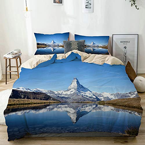 QINCO Bettwäsche-Set,Mikrofaser,Beige,Matterhorn, Zermatt, Schweiz,1 Bettbezug 135x200 + 2 Kopfkissenbezug von QINCO