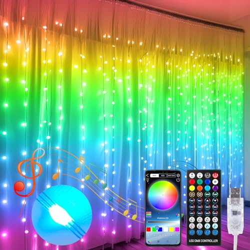 QINER Vorhang Lichter, 3x3m 300LED Farbwechsel Lichterkette Kinderzimmer mit 16 Mio. Farben, APP, Sync mit Musik Lichterkettenorhang Bunt füR Festliche Party Innen und außen Deko von QINER