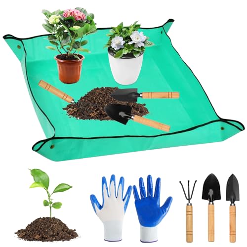 QINERSAW 100x100cm wasserdichte Pflanzen Gartenmatte Umtopfen Pflanzmatte Garten Umtopfmatte Pflanzen Faltbare Pflanzunterlage Gartenarbeitsunterlage Plant repotting mat mit Gartenwerkzeug Grün von QINERSAW