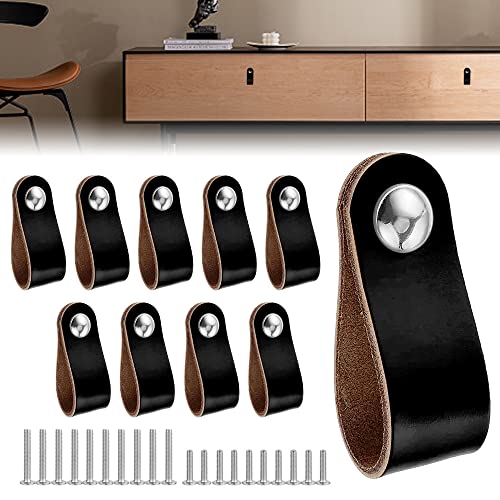 QINERSAW 10er Set Schwarz Ledergriffe Möbel Leder Möbelgriffe Ledergriffe Schrank Türgriffe Leder für Schublade Schranktür Wohnkultur mit Schrauben von QINERSAW