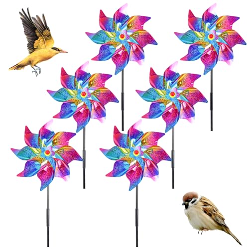 QINERSAW 6er Set 52cm Hoch φ24cm Vogelabwehr Windrad Taubenabwehr Windräder Vogelschreck Windmühle Taubenschreck Bunt Windrad für Balkon Garten Reflektierend Windräder für Obstgarten Hof Dach von QINERSAW