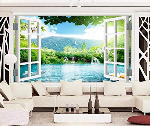 Fototapete 3D Effekt Fenster Landschaft Naturlandschaft Tapete 3D Vliestapete Wandbilder Wanddeko 150cmx110cm von QINGDAOWALLPAPER
