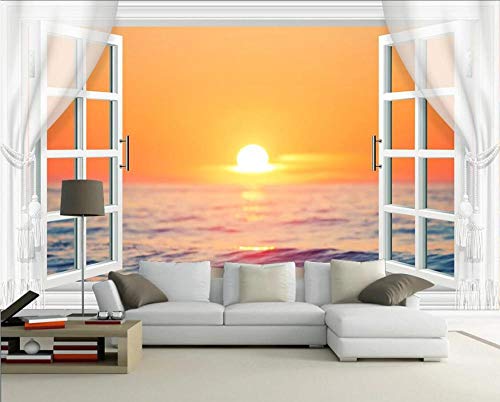 Fototapete 3D Effekt Fenster Meer Sonnenaufgang Schön Tapete 3D Vliestapete Wandbilder Wanddeko 250cmx175cm von QINGDAOWALLPAPER