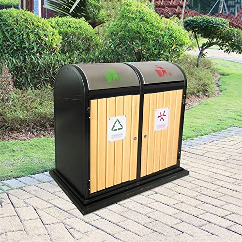 Mülleimer für draußen Großer Mülleimer for den Außenbereich mit Doppeleimern, Mülleimer aus Stahl und Holz mit Schwingdeckel, robuster, kommerzieller Recycling-Eimer-Abfallbehälter für Terrassen, Küch von QINGGANG-0224