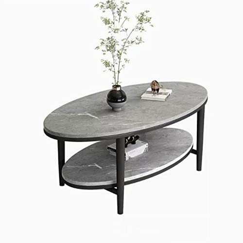 QINGGANG-0224 Sofa-Beistelltisch Ovaler Couchtisch for Wohnzimmer, 2-stöckiger moderner mit offenem Ablagefach, Rock-Tischplatte Metallrahmen, einfacher Cocktailtisch in der Mitte(Gray+Black) von QINGGANG-0224