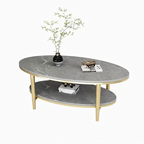 QINGGANG-0224 Sofa-Beistelltisch Ovaler Couchtisch for Wohnzimmer, 2-stöckiger moderner mit offenem Ablagefach, Rock-Tischplatte Metallrahmen, einfacher Cocktailtisch in der Mitte(Gray+Gold) von QINGGANG-0224