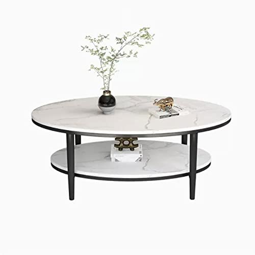 QINGGANG-0224 Sofa-Beistelltisch Ovaler Couchtisch for Wohnzimmer, 2-stöckiger moderner mit offenem Ablagefach, Rock-Tischplatte Metallrahmen, einfacher Cocktailtisch in der Mitte(White+Black) von QINGGANG-0224