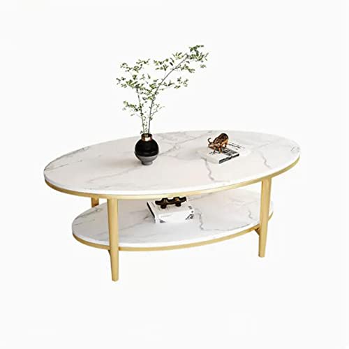 QINGGANG-0224 Sofa-Beistelltisch Ovaler Couchtisch for Wohnzimmer, 2-stöckiger moderner mit offenem Ablagefach, Rock-Tischplatte Metallrahmen, einfacher Cocktailtisch in der Mitte(White+Gold) von QINGGANG-0224