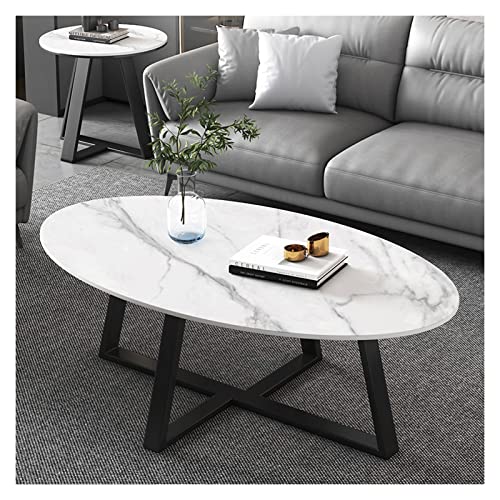 QINGGANG-0224 Sofa-Beistelltisch Ovaler Couchtisch im schlichten Design for kleine Räume Wohnzimmer, Beistelltisch mit Rockboard-Tischplatte und Metallrahmen, 39 Zoll(White+Black) von QINGGANG-0224