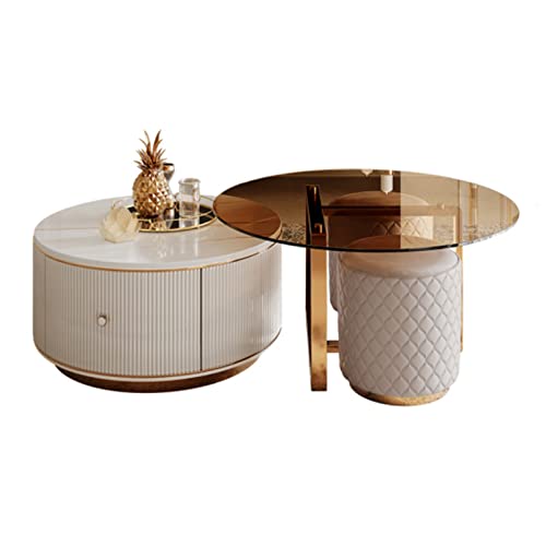 Sofa-Beistelltisch Moderner runder Couchtisch 2er-Set for Wohnzimmer, mit einzigartiger Platte und Schublade, großer Kleiner Mitteltisch Beistelltisch-Sets von QINGGANG-0224