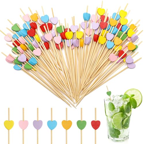 100 Stück Cocktailspieße Holz Cocktail Deko Spieße Zahnstocher Holz Herz Spieße Fingerfood Lang Cocktail Zahnstocher Holz Cocktail Spieße 12 cm für Bar Kuchen Party Obstspieß Cocktail Deko von QINGHEC