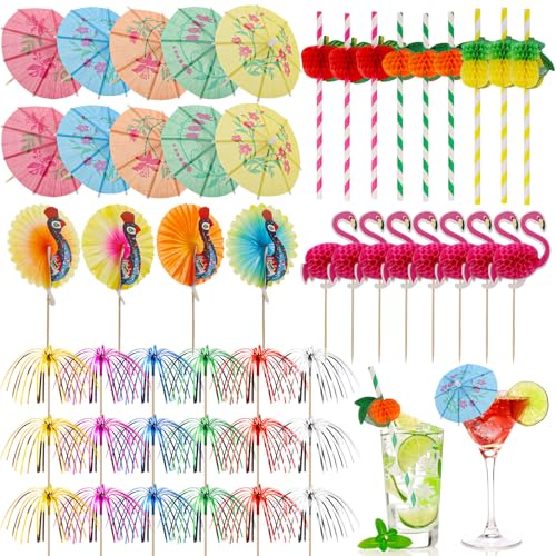 120 Stück Cocktail Deko, Cocktail Schirmchen, Feuerwerk Sticks, Strohhalme, Wiederverwendbar Cocktail Party Dekorationen für Sommer Party Hochzeitsfeier Bar Getränke Kuchen Deko von QINGHEC