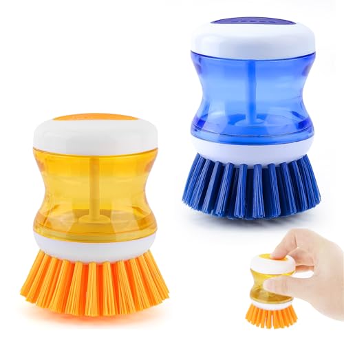 2 Stück Spülbürste mit Spülmittelspender, Befüllbare Küchenbürste mit Spülmittel, Reinigungsbürste zum Drücken mit Spülmittel, Geschirrbürste mit Spülmittel für Topf,Pfanne,Spülen von QINGHEC