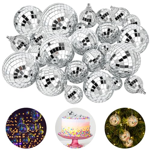 25 Stück Discokugel Deko Mini Discokugel Silber Spiegelkugel Set Kleine Discokugeln zum Aufhängen für Kuchendekoration Weihnachtsbaum Hochzeit Party Dekoration DJ Lichteffekt(3/4/5/6cm) von QINGHEC