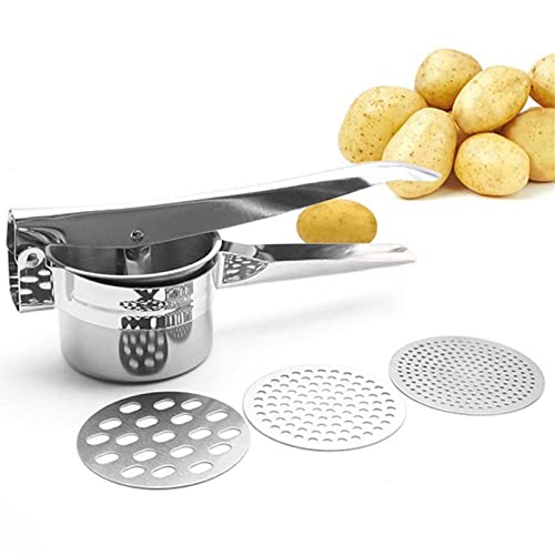 QINGHUAI Reismaschine für Kartoffelpüree | Kartoffelpresse mit 3 austauschbaren Scheiben | Küchenzubehör für Kartoffelpüree, Gnocchi, Babynahrungszubereiter, Kartoffelstampfer Edelstahl von QINGHUAI