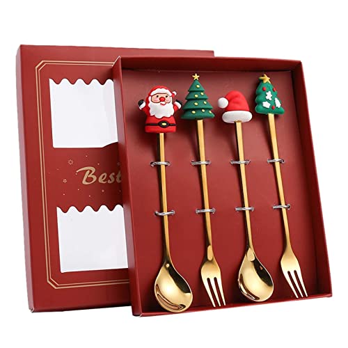 QINGHUAI Weihnachtskaffeelöffel - 4-teiliges Kaffeelöffel-Gabel-Set mit Geschenkbox | Kreative Weihnachtsbaum-Weihnachtslöffel für Abendessen, Geschirr, Geschenk von QINGHUAI