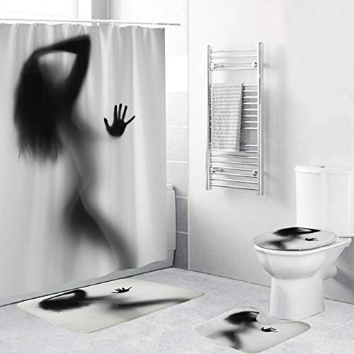 QINGMM Duschvorhang-Sets mit rutschfesten Teppichen, Toilettendeckel und Badematte, Shadow of Sexy Woman Nude Naked Silhouette Kreative Duschvorhänge mit 12 Haken,120 x 180cm von QINGMM