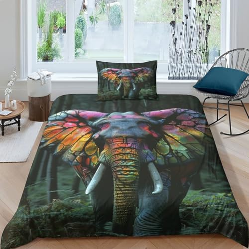 Illusionärer Elefant Bettbezug 3D Bettwäsche Komfort Mikrofaser Wendebettwäsche Beautiful Elephant Bettbezug Jugendliche Kinder Einzelbett Mit Reißverschluss Und Kissenbezug 2 Teilig Single（135x200cm von QINGTIANFC