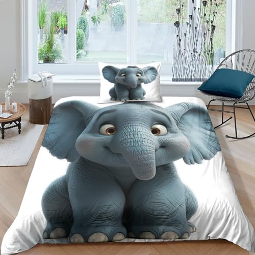 QINGTIANFC Elefant 3D Gedruckter Bettbezug Set Clever Little Elefant Bettwäschegarnitur Mädchen Junge Kinder Weich Microfaser Und Kissenbezüge Bettwäsche Reissverschluss 2 Teilig Single（135x200cm） von QINGTIANFC