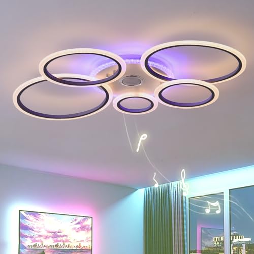 5 Ring Deckenbeleuchtung Mit Fernbedienung APP, 100cm RGB Dimmbar Deckenleuchten Mit Memory Funktion, Moderne Deckenlampe Mit Bluetooth Lautsprecher Und Timer Für Schlafzimmer Wohnzimmer Küche von QINGYING