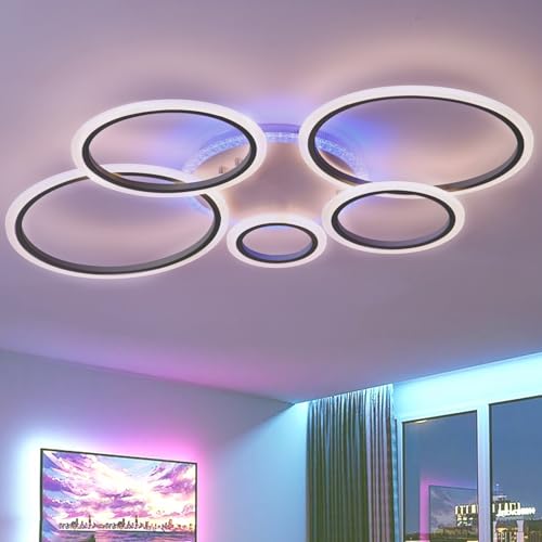 QINGYING 5 Ring Deckenlampe Mit Fernbedienung APP, 100cm RGB Dimmbar Deckenleuchte Mit Memory-Funktion, Moderne Lampe Variable Farbe Mit Timer Für Schlafzimmer, Wohnzimmer, Küche Und Büro,Schwarz QINGYING 5 Ring Deckenlampe Mit Fernbedienung APP, 100cm RGB Dimmbar Deckenleuchte Mit Memory-Funktion, Moderne Lampe Variable Farbe Mit Timer Für Schlafzimmer, Wohnzimmer, Küche Und Büro,Schwarz von QINGYING