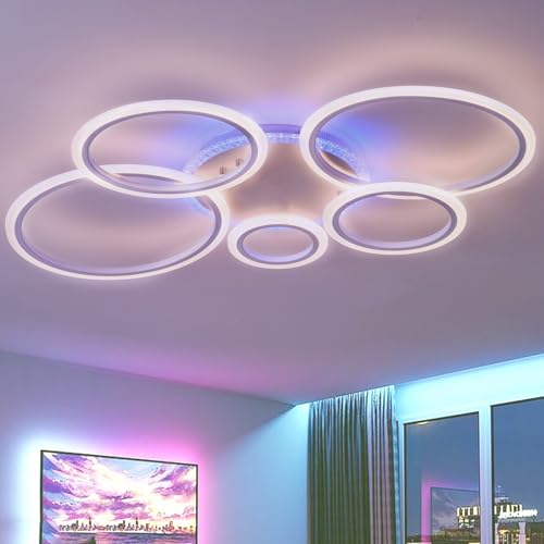 QINGYING 5 Ring Deckenlampe Mit Fernbedienung APP, 100cm RGB Dimmbar Deckenleuchte Mit Memory-Funktion, Moderne Lampe Variable Farbe Mit Timer Für Schlafzimmer, Wohnzimmer, Küche Und Büro,Weiß QINGYING 5 Ring Deckenlampe Mit Fernbedienung APP, 100cm RGB Dimmbar Deckenleuchte Mit Memory-Funktion, Moderne Lampe Variable Farbe Mit Timer Für Schlafzimmer, Wohnzimmer, Küche Und Büro,Weiß von QINGYING