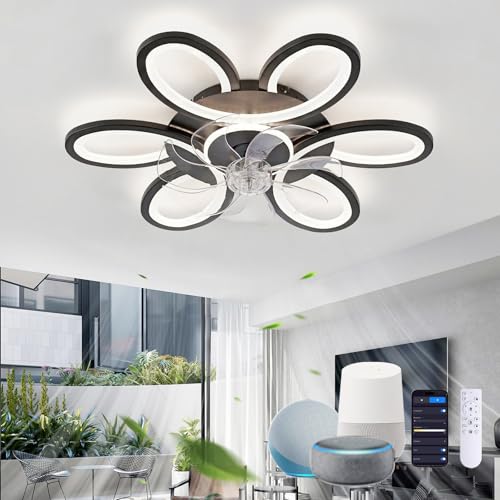 QINGYING Blume Deckenventilator Mit Beleuchtung Kompatibel mit Alexa, Dimmbar Und Leise Led Lampe Mit Ventilator FüR Schlafzimmer 6 Gang Dc Memory Funktion Ventilator Mit Licht, Schwarz von QINGYING