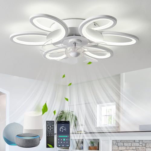 QINGYING Blume Deckenventilator Mit Beleuchtung Kompatibel mit Alexa, Dimmbar Und Leise Led Lampe Mit Ventilator FüR Schlafzimmer 6 Gang Dc Memory Funktion Ventilator Mit Licht, Weiß von QINGYING