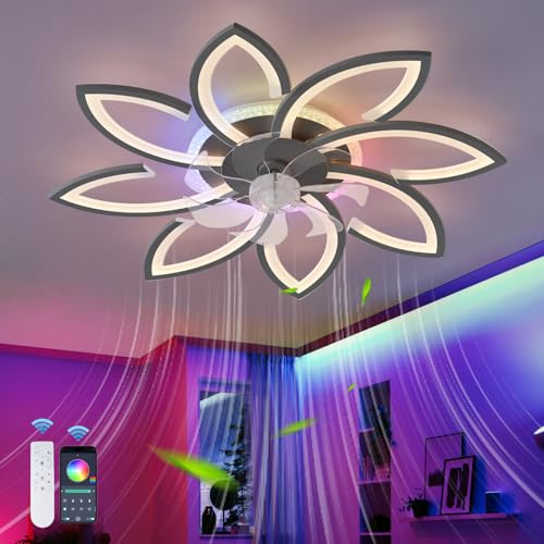 RGB Blume Deckenventilator Mit Beleuchtung Fernbedienung App, Veränderbare Farbe Leise Ventilator Mit Licht 6 Gang Reversibel Und Dimmbar Lampe Ventilator Für Schlafzimmer Wohnzimmer, Schwarz von QINGYING