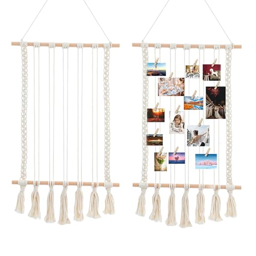 QINGYIWL 2 Stück Foto Hängendes Makramee, Boho Deko Bilderrahmen mit 60 Klammern 4 Spurlosen Nägeln, Wandbehang Fotowand für Wohnkultur von QINGYIWL
