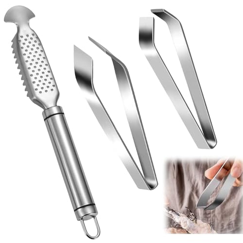 QINGYIWL Fischentschupper Edelstahl, Fischschuppen Entferner mit 2 Grätenzange, Profi Fischentschupfer Küchenhelfer für Meeresfrüchte, Geflügel von QINGYIWL