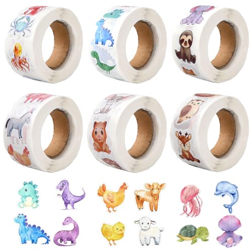 3000 Stück Runde Cartoon Sticker Kinder, Selbstklebende Aufkleber Tiere Motivationsaufkleber Tier Belohnungssticker Stickerrolle Niedliche Tieraufkleber mit 48 Cartoon-tiermotiven von QINGZY