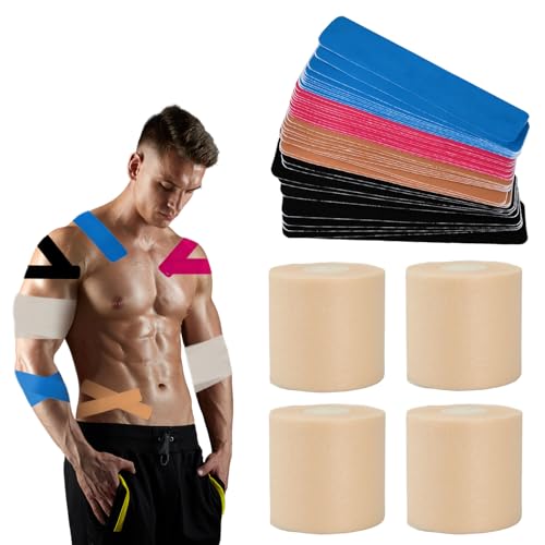 4 Rollen Athletic Tape Foam 7cm x 27mmit 40 Stück Kinesiologie Tape 5m x 5cm, Sport Tape Set, Wasserfestes Elastisches Tape, Set Kinesiotape Sport mit Foam Pre-Wrap Sports Tape für Knöchel Knie von QINGZY
