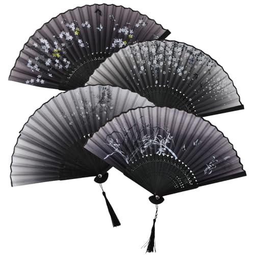 4 Stück Handfächer Bambus Faltbare Fächer, Handfächer Falten Damen mit Quaste Hand Folding Fans Chinesische Taschenfächer Klappfächer für Party, Tanz, Hochzeit, Heimdekoration, Cosplay von QINGZY