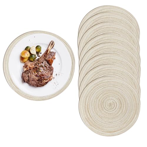 8er Tischset Rund 38 cm Geflochten, Untersetzer Teller, Platzdeckchen Abwaschbar Rund Beige, Placemat Round, Dining Table Mat, Table Decoration Coaster Plate für Esszimmer Küche Hochzeit Party von QINGZY