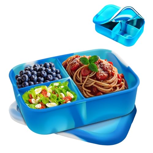 QINGZY Lunchbox, 3 Fächer Silikon Brotdose, Bruchfest und Auslaufsichere Batik Bento Box, tragbare brotzeitbox, BPA frei, Spülmaschinen und Mikrowellen geeignet - Kapazität 1200 ml (blue) von QINGZY