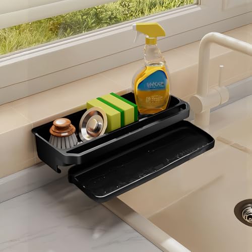QINGZY Sink Caddy Kitchen, Küche Spülbecken Organizer Schwammhalter mit Abflusspfann PP-Kunststoff Spültuch-Halter Kitchen Spülschwammhalter Selbstklebend Spüle Organizer mit Spültuchhalter von QINGZY