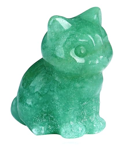 QINJIEJIE Grüne Aventurin-Kristall-Katzenfiguren, heilende Kristalle, Steinstatue, handgeschnitzt, Edelstein-Skulptur, Heimbüro, Dekoration, sitzende Katze, Geschenke für Frauen und Männer von QINJIEJIE