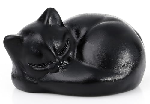QINJIEJIE Black Obsidian Cat Crystals Decor Matt Sleeping Cat Statue Hand Carved Stone Decors Gift Polished Gemstones Figurine Office Room Desk Lucky Decoration for Cat Lover Home von QINJIEJIE