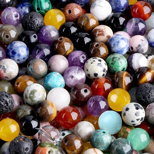 QINJIEJIE Naturstein Perlen 50 Stück 8mm Kristalle Edelstein Perlen zum Basteln mit Loch Edelsteine zum Auffädeln Beads Mehrfarbig Basteln Perlen für Armbänder Erwachsene DIY von QINJIEJIE
