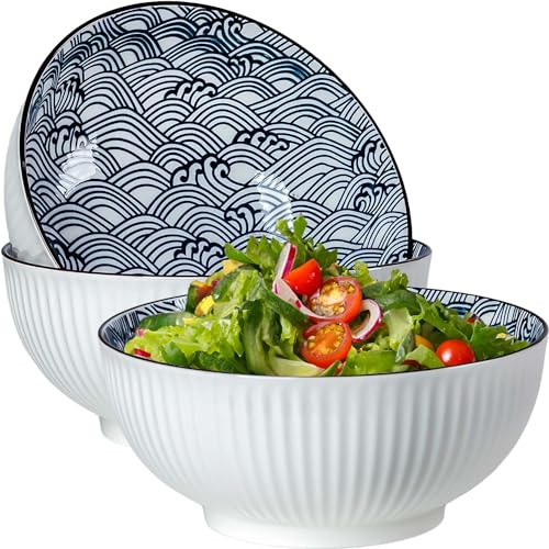 QINLANG Große Suppenschüssel, Pho-Schalen, japanische Ramenschalen, 3er-Set, 20,3 cm, blaues und weißes Porzellan, große Schalen zum Essen, Blattmuster von QINLANG