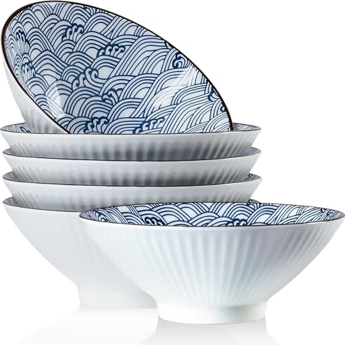 QINLANG Japanische Ramenschüsseln, 1080 ml, 6 Stück, Pho Schüsseln, 20,3 cm, blaue und weiße Keramik-Suppenschalen, Wellenmuster QINLANG Japanische Ramenschüsseln, 1080 ml, 6 Stück, Pho Schüsseln, 20,3 cm, blaue und weiße Keramik-Suppenschalen, Wellenmuster von QINLANG