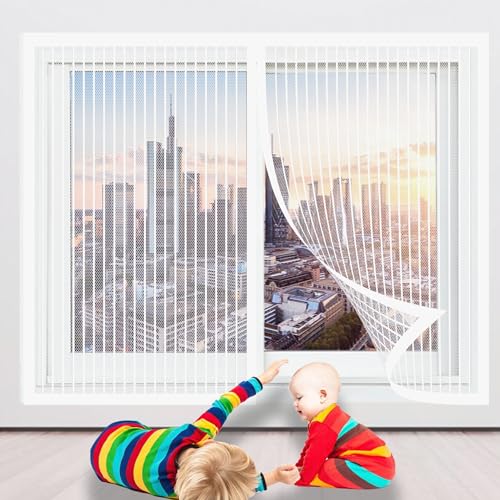 Magnet Fliegengitter Fenster Innen 113 x 141 cm Insektenschutz Fliegenvorhang Moskitonetz Ohne Bohren Kinderleichte Klebemontage für Terrasse Schlafzimmer Usw., Weiß von QINLIGAO