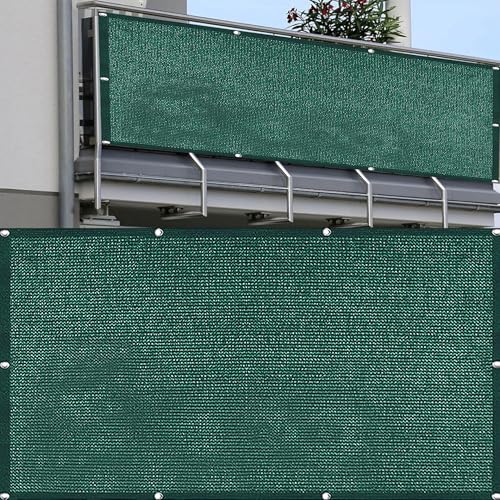 Balkonbespannung 50 x 150 cm Balkon Sichtschutz Wetterfest Blickdichte Uv-Schutz Atmungsaktiv balkonabdeckung sichtschutz Mit Ösen, Nylon Kabelbinder Und Kordel Für Terrasse, Garten, Dunkelgrün von QINLIQIN