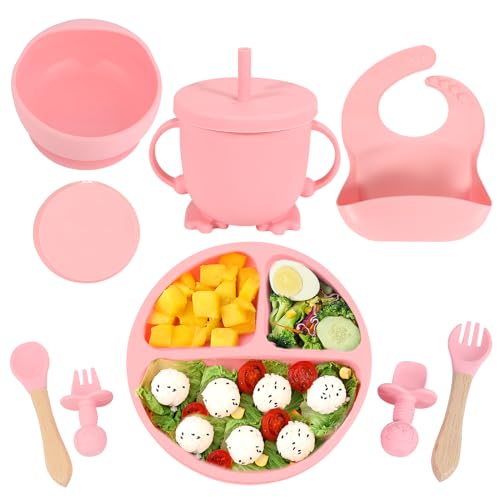 QINONEY 8 Stück Silikon Baby Geschirrset, Rutschfest Kindergeschirr Set, Kindergeschirr mit Saugnapf, Rutschfest Baby Schüssel,Baby-Teller, Baby-Besteckset für Kleinkinder, BPA Frei (Rosa) von QINONEY